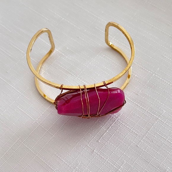 Wire Wrapped Pink Agate Stone Cuff Bracelet Gold Tone Bracelet - Picture 5 of 9